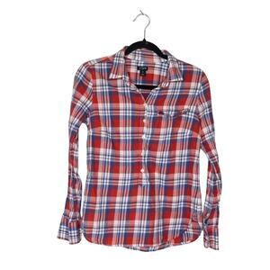 J. Crew Plaid Button Down Long Sleeve Shirt Blue Red Women's XS Western Cowgirl